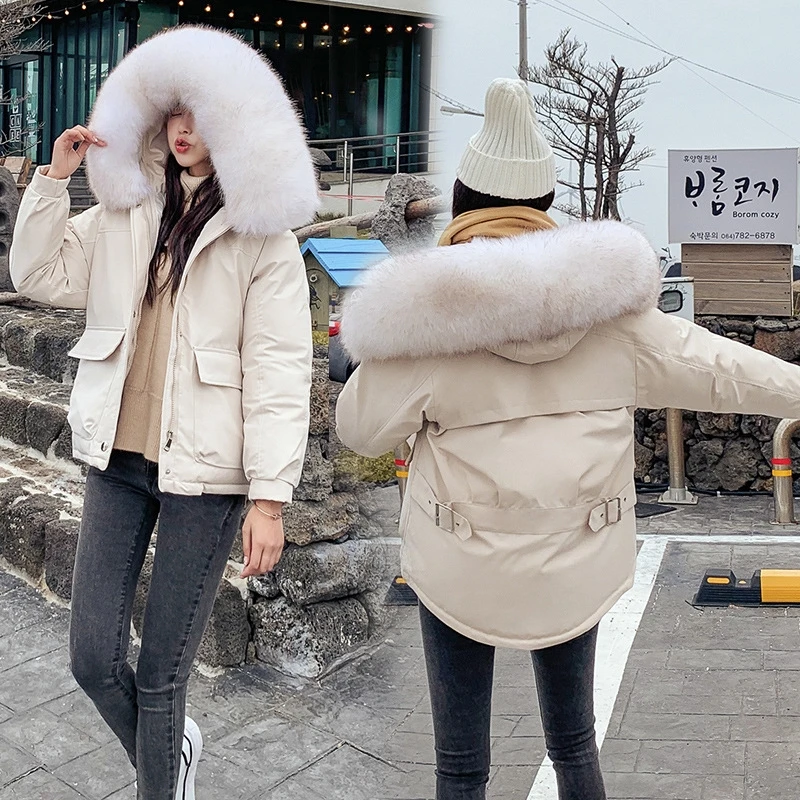 2019 New Lace Up Ruched Hooded Winter Bread Jacket Women Down Cotton Loose Thick Large Fur Collar Parka Warm Coat Outwear | Женская