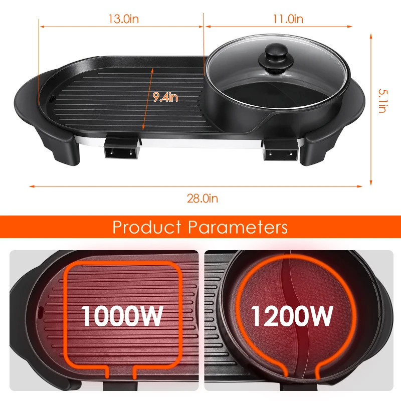

2 in 1 110V Electric Hot Pot Oven Smokeless Barbecue Machine Home BBQ Grills Indoor Roast Meat Dish Plate Multi Cooker US plug