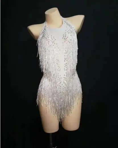 Purple Or Red Tassel Rhinestones Stretch Bodysuit Women's Birthday Performance Female Singer Dance Wear Nightclub Sexy Costume