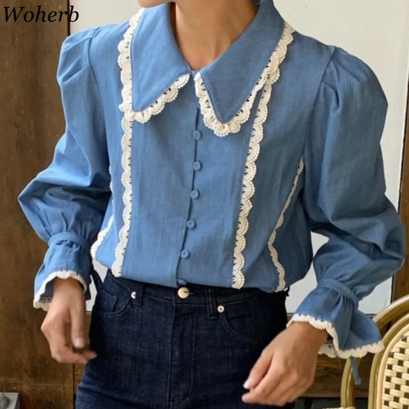 Woherb Корейская винтажная блузка женские шикарные кружевные блузки отложной