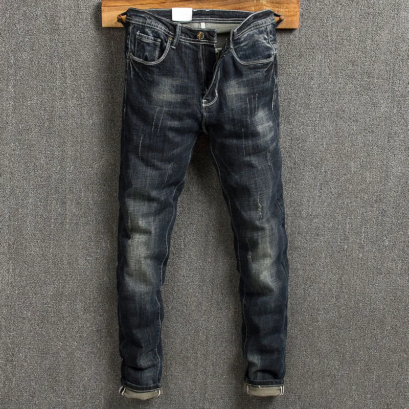 Новые винтажные дизайнерские модные мужские джинсы Ретро Черные синие узкие рваные джинсы в Корейском стиле эластичные повседневные джинс...