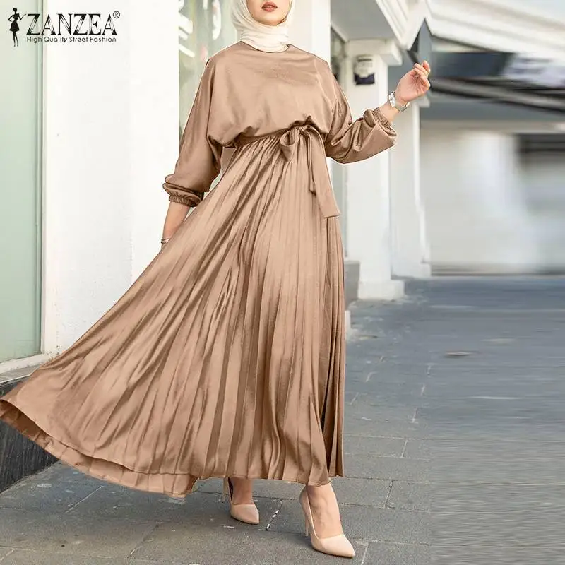 Женский мусульманский кафтан ZANZEA, праздничное турецкое платье с поясом, мусульманский халат, одежда с высокой талией, плиссированное женск...