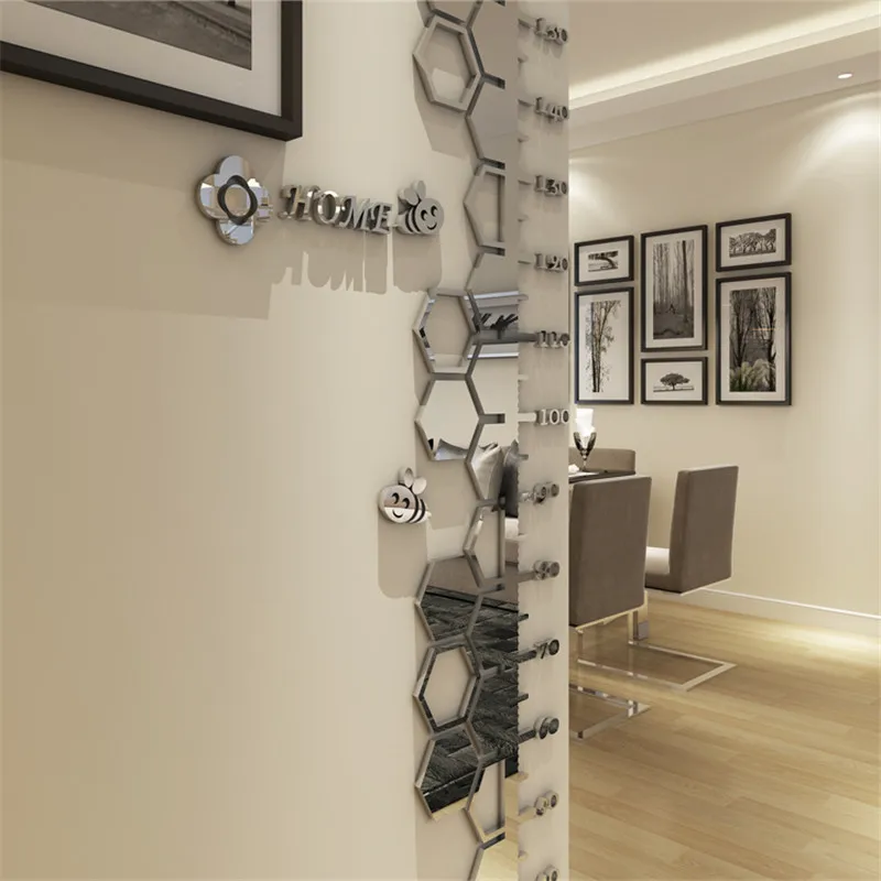 Height Measure Wall Sticker for Kids Room Living Room Decor Cartoon 3D Mirror Silver Acrylic Sticker Decorations for Home Wall