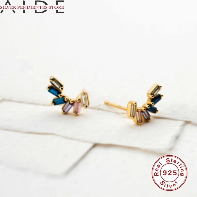 

AIDE 925 Sterling Silver Simple Square Color Zircon Earrings Women Mini Stud Earrings Jewelry Girls Party Gifts Aretes De Mujer
