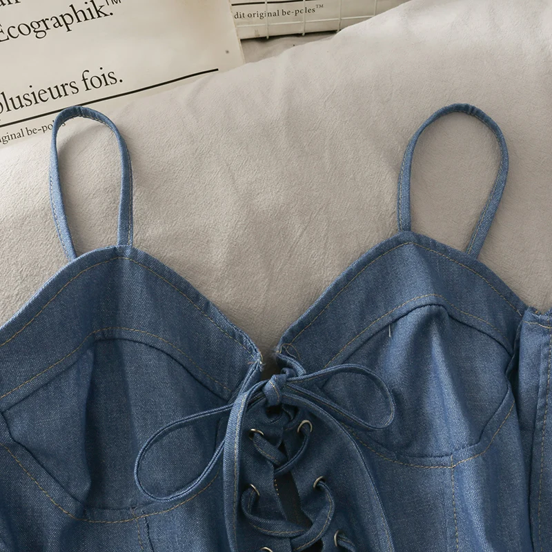 Блузка женская с открытыми плечами синяя джинсовая рубашка бандажный