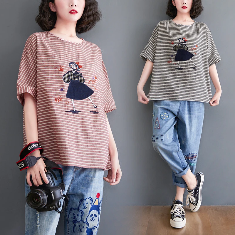 Новинка лета 2021 художественная футболка большого размера из хлопка и льна с