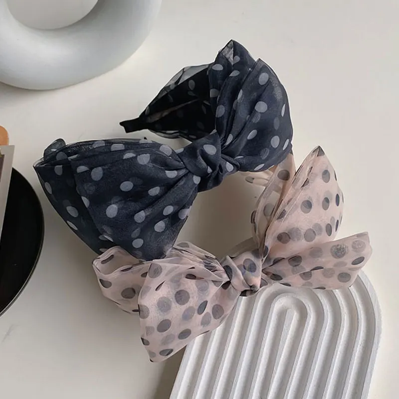 

Fashion Chiffon Big Dot Women's Hairband Wide Side Cross Knot Headband For Girls Headwear Turban Elegant Mesh Yarn Head Hoop