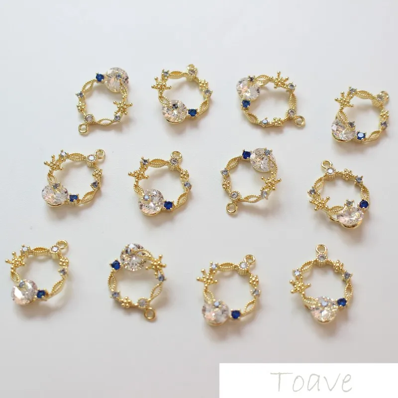 

2pcs Maintains Color Copper Plated 18 K Real Gold DIY Zircon Blue Spot Drill Hollow-out round Pendant
