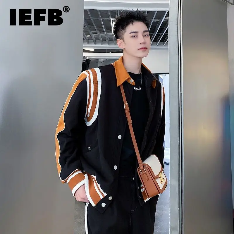 

IEFB Осенняя утепленная твидовая куртка, Мужская однобортная куртка с цветными блоками и лацканами в стиле пэчворк, трендовый дизайн, корейск...