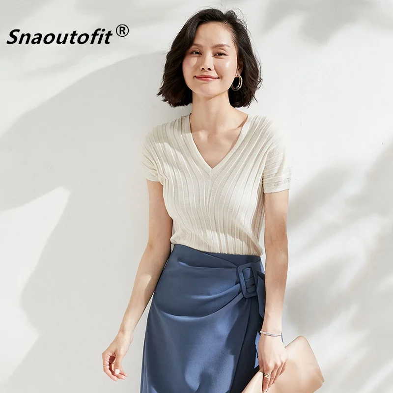 

Snaoutofit Women's Pure Wool Short Sleeves, Front And Rear V-Neck, Pit Design, Knitted Bottoming Shirt, Spring Summer 2021 RC-16