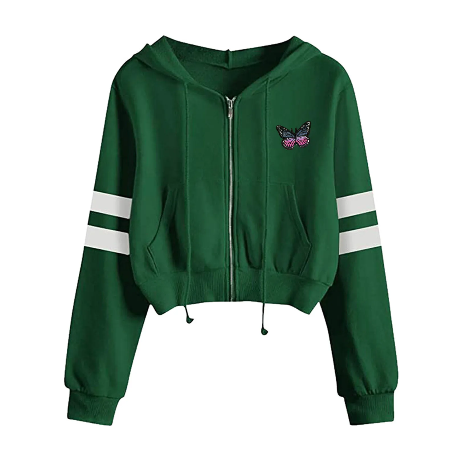 Autumn Hoodies Women's Solid Color Short Zipper Long Sleeve Hooded Sweatshirt Kawaii Hoodies Butterfly Print Clothes Hoodies