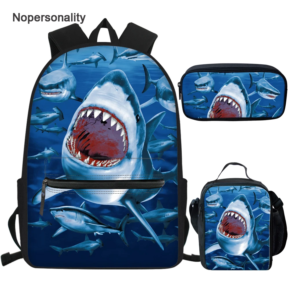 Mochila para Adolescentes Conjunto de 3 Nopersonality Oceano Tubarão Impressão Meninos Meninas Legal 3d Crianças Escola Bagpack Conjunto Único Bookbagbagbags