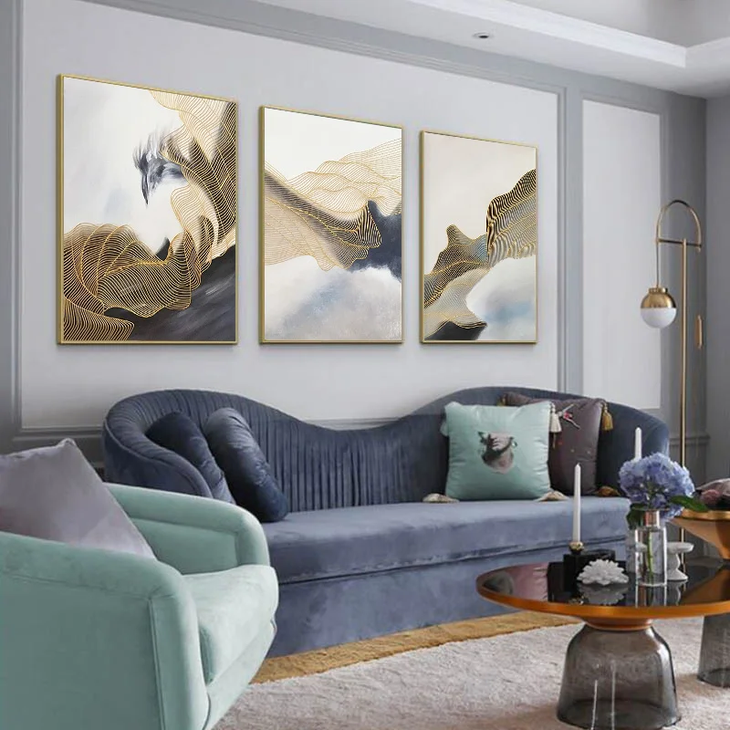 Goede 3 Stuks Gold Lijn Abstract Canvas Schilderij Wall Art Foto Voor Woonkamer Thuis Wall Decor Originele Textuur Quadro