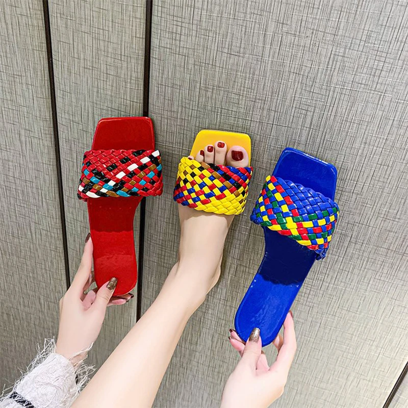 

Summer Fashion Square Toe Flat 2021 Ladies Casual Flat Slippers Multicolor Knitted Slippers Beach Shoes Plus Size 35-42 shoes