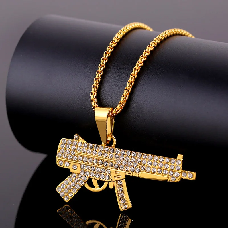 

Luokey 2020 Hip Hop Jewelry Women Men Gold Color Long Chain Necklace Crystal Heart Gun Pendant Necklace Punk Hiphop Fans Jewelry