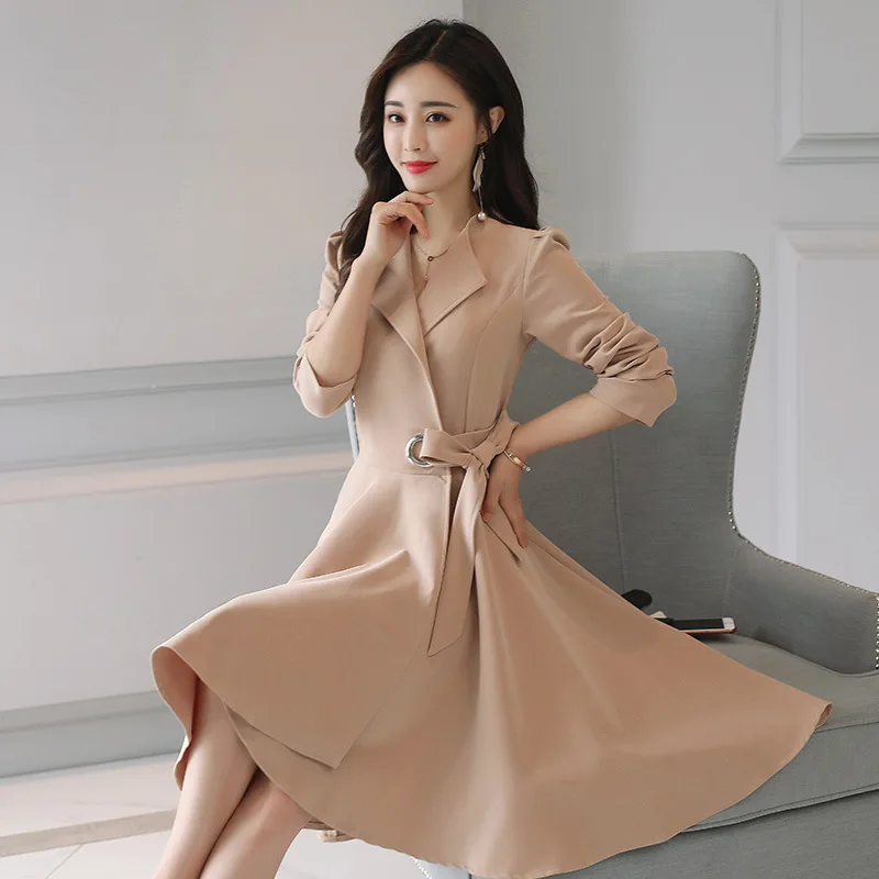 Elegant Long Trench Coat for Women Spring Autumn Outerwear Slim Women's Windbreaker Skirt Shape Coats With Belt YQ105 | Женская