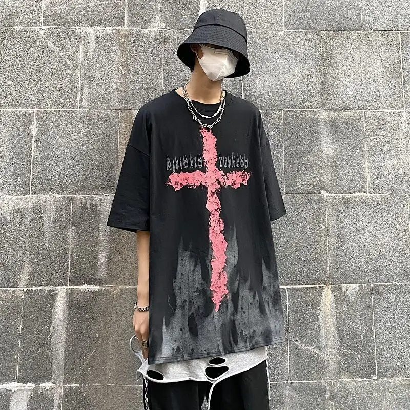 

Summer Korean version ins Harajuku BF wind dark flame cross print loose large short sleeve t-shirt men's and women's top