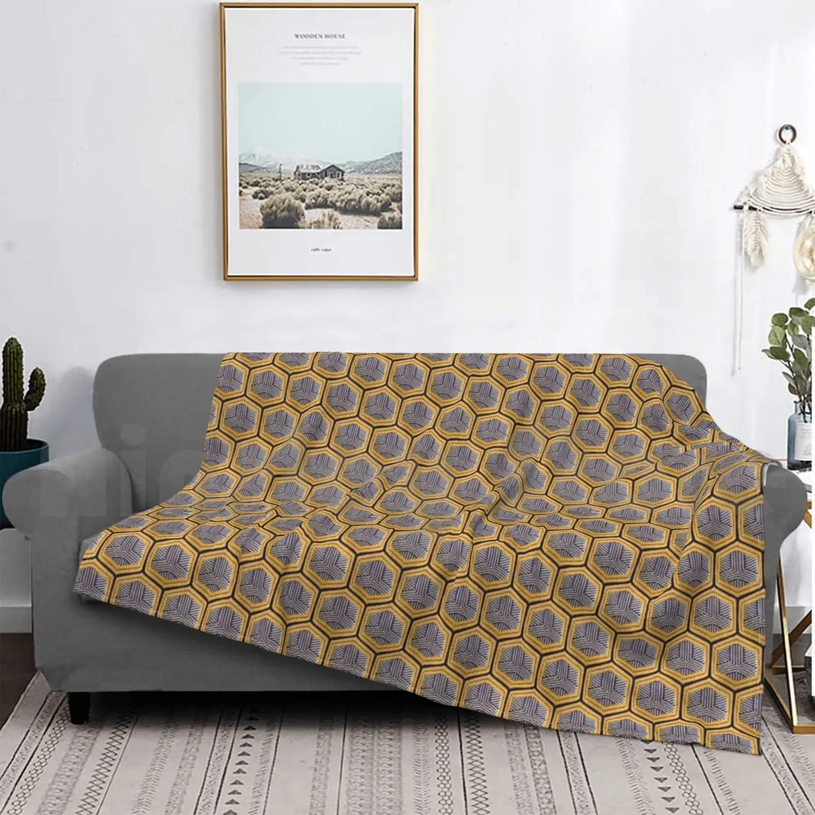 

Yellow Beehive Hexagon Retro Pattern Blanket Fashion Custom 1950s 1960s 1970s 50s 60s 70s Cover Decorative