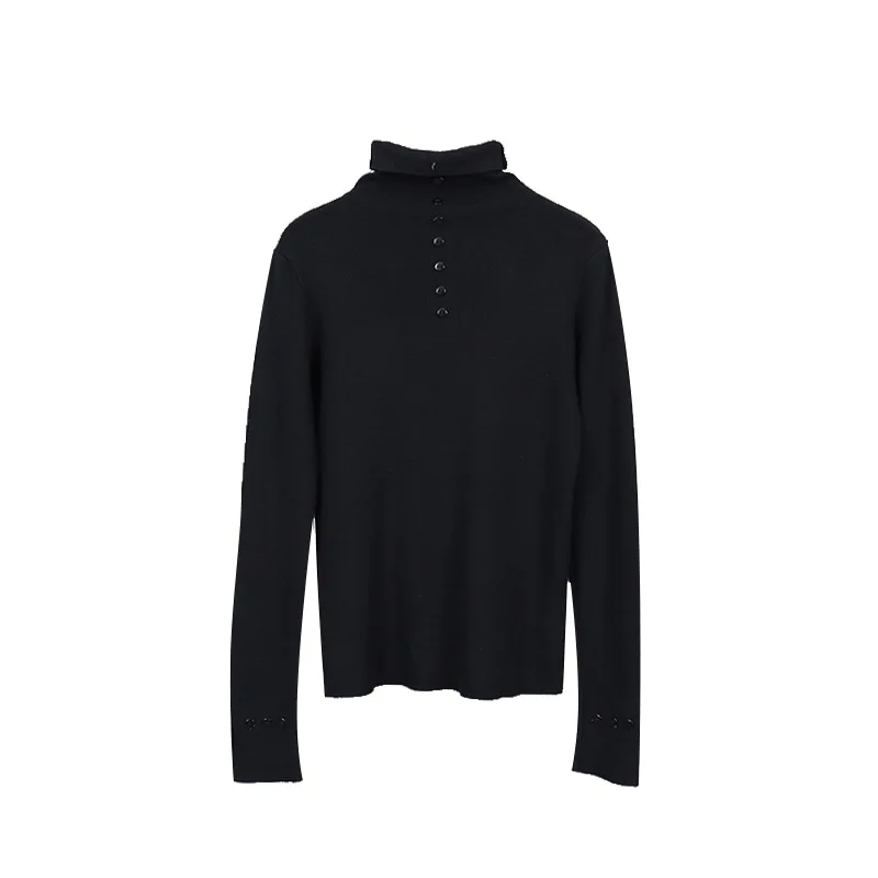 

2021 Cropped Sweater New Button-up Head Long Sleeves High-necked Bottom Knit Sweater Slim Sweater Women 7 Colors