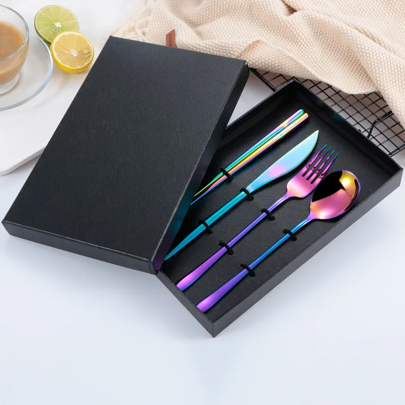 Корейский длинный нож и вилка из нержавеющей стали ложка набор четырех предметов