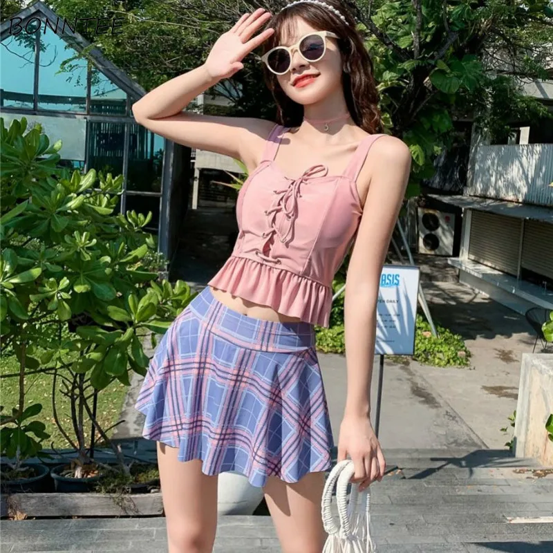 

Женские комплекты бикини в клетку с оборками и открытой спиной в стиле преппи для студентов, милые и Молодежные купальники на шнуровке, летн...