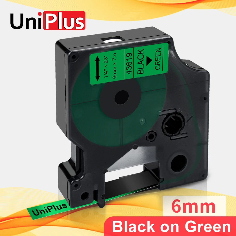 UniPlus совместим с Dymo D1 43619 этикетки черного и зеленого цвета ленты для этикеток