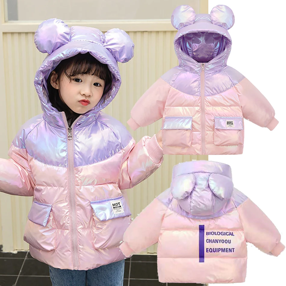 

Disney Girls Jacket Winter Kids Bear Ears Zipper Down Jackets Baby Thick Warm Hooded Coat Children Fashion Casual Long Jackets