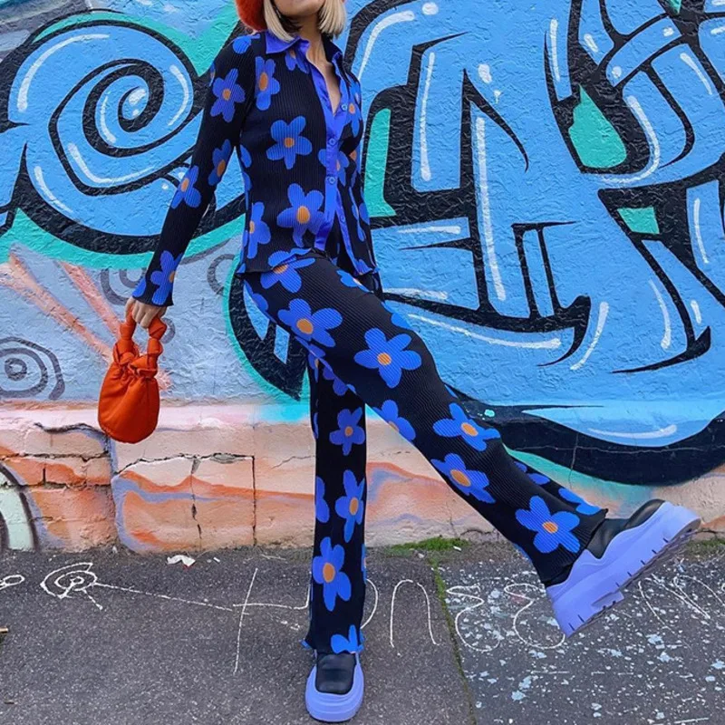 

Floral Print Pant Set Long Sleeve Button Turn Down Collar Shirt Elastic Waist Slim Pant 2021 Autumn Winter Casual Women Pant Set