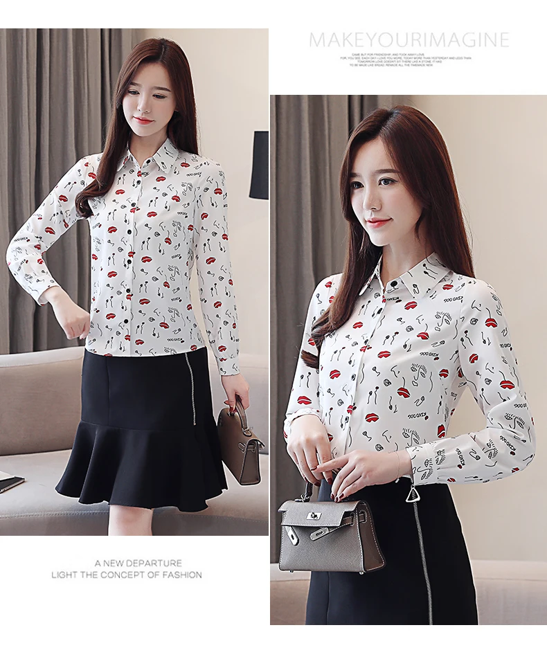 

Chiffon Women's Blouses Printed Shirt Casual Long Sleeve Top Breasted Summer Fashion Blouse Office Lady Button Houthion