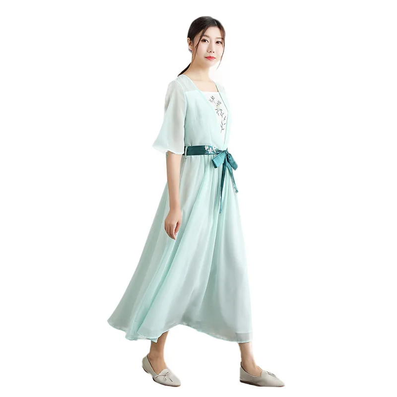

Original Hanfu Women's Dress Fresh Temperament Retro Artistic Republic Wind Chiffon Embroidery Creative Dress Costume StageDress