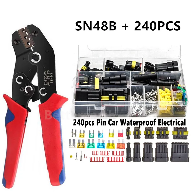 

240Pcs Waterproof Car Electrical Wire Connector Plug 1/2/3/4/5/6 Pin Motocycle Truck Harness Male Female SN48B crimping pliers