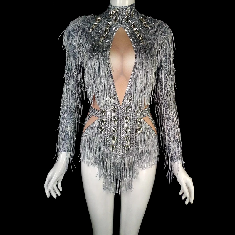 Блестящий серебряный танцевальный костюм с бахромой и кристаллами Стразы боди