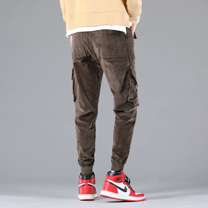 Осенне-зимние винтажные мужские вельветовые брюки карго с несколькими карманами