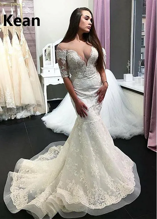 

Half Sleeve Mermaid Wedding Dress V-Neck Applique Sexy Abiti Da Sposa Bridal Gown vestido De Noiva Dubai Arabic Robe De Mariee