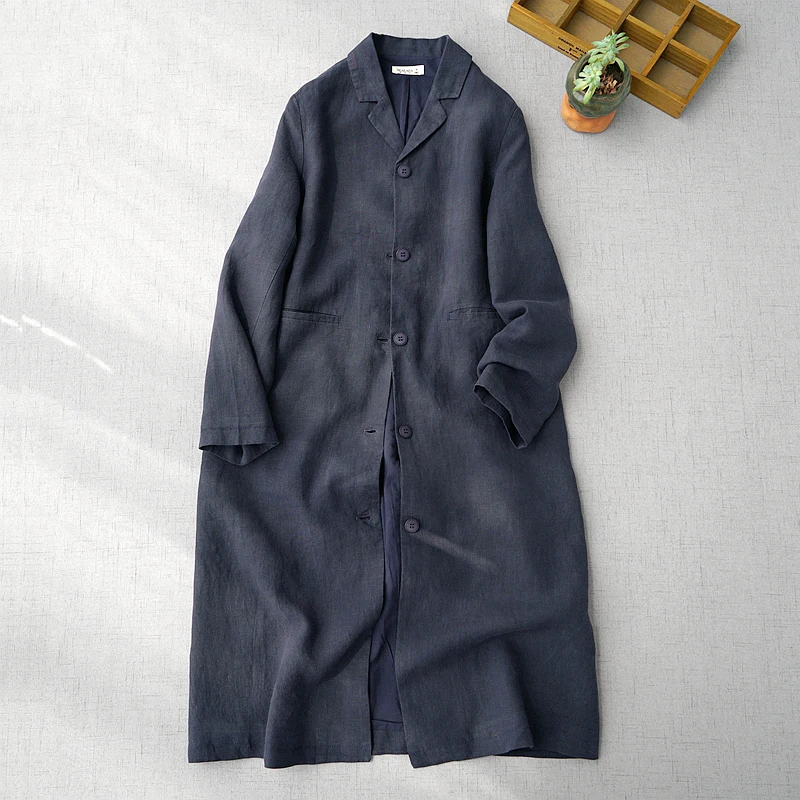 Gabardinas informales holgadas para mujer, abrigos cómodos de lino lavado con agua azul marino, talla grande, estilo japonés, primavera y otoño