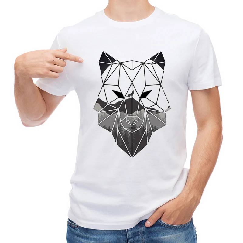 

TEEHUB Fashion Wolfhead Men T Shirt Geometric Wolf Printed Casual T-shirt Short Sleeve O-Neck Tops Funny Tees