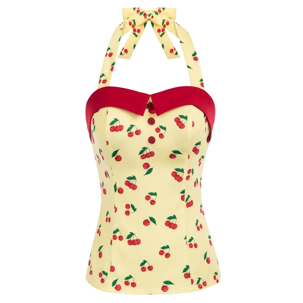 

Casual Camis Women Cherries Pattern Tops Smocked Back Halterneck Vintage Tops Vacation Holiday Beach Party Fashion Tops Summer