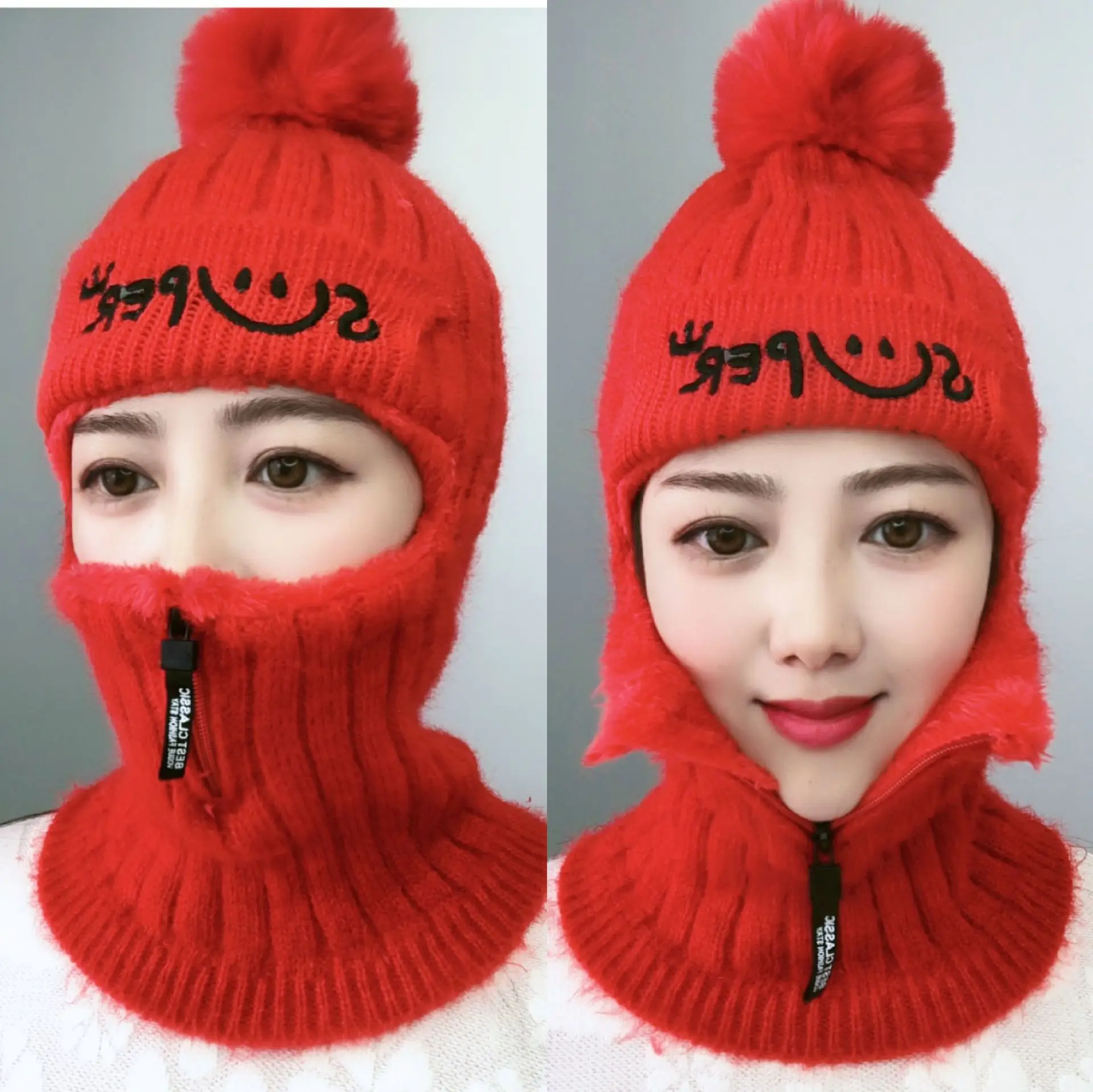 Girls Fashion Women Woolen Riding Neck Knit Hat Beanie With Ski Mash Winter Head Hood With Earflap Smiley Face Zipper Windproof