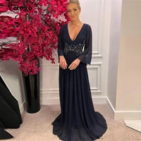 verngo navy blue chiffon women evening dresses long sleeves applique beads v neck floor length mother party prom dress gown
