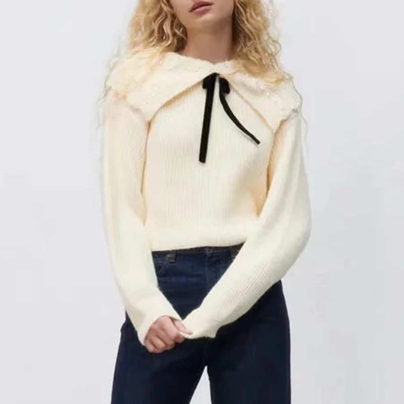 

Осень 2021, Женский вязаный свитер с бантом и украшением из искусственного жемчуга, винтажные женские короткие пуловеры с длинным рукавом и к...