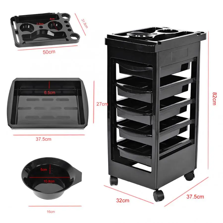 Тележка для парикмахерской с 5 ящиками тележка Черный инструмент спа