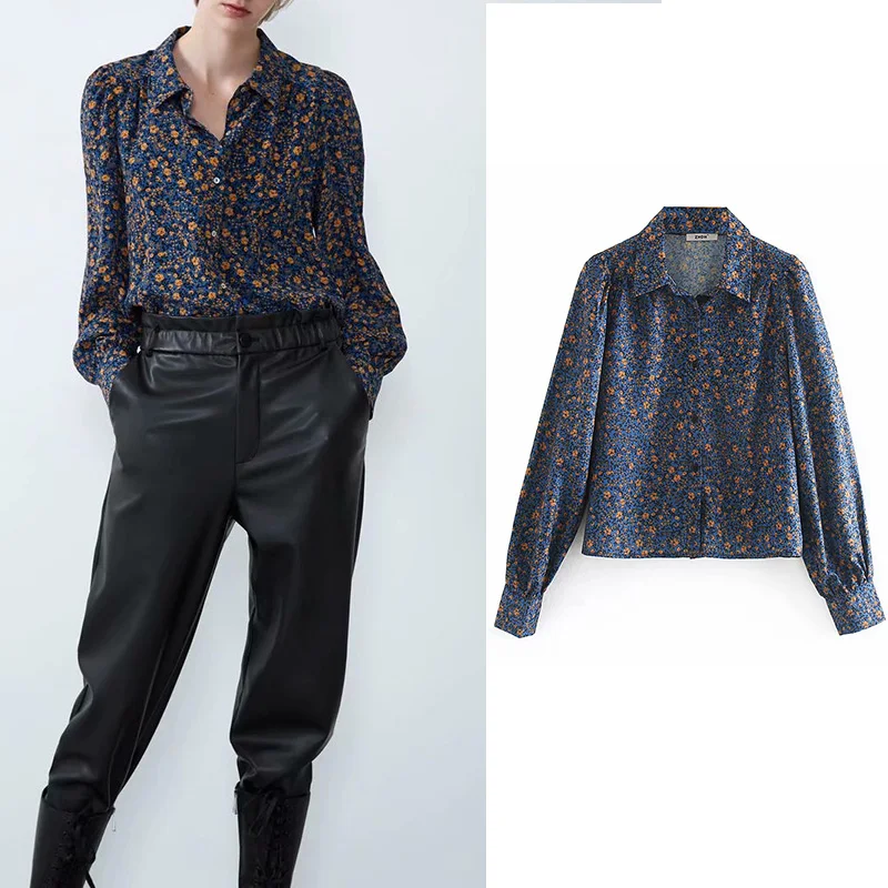 Za Цветочный Принт отложной воротник блузка женская винтажная Офисная Леди с