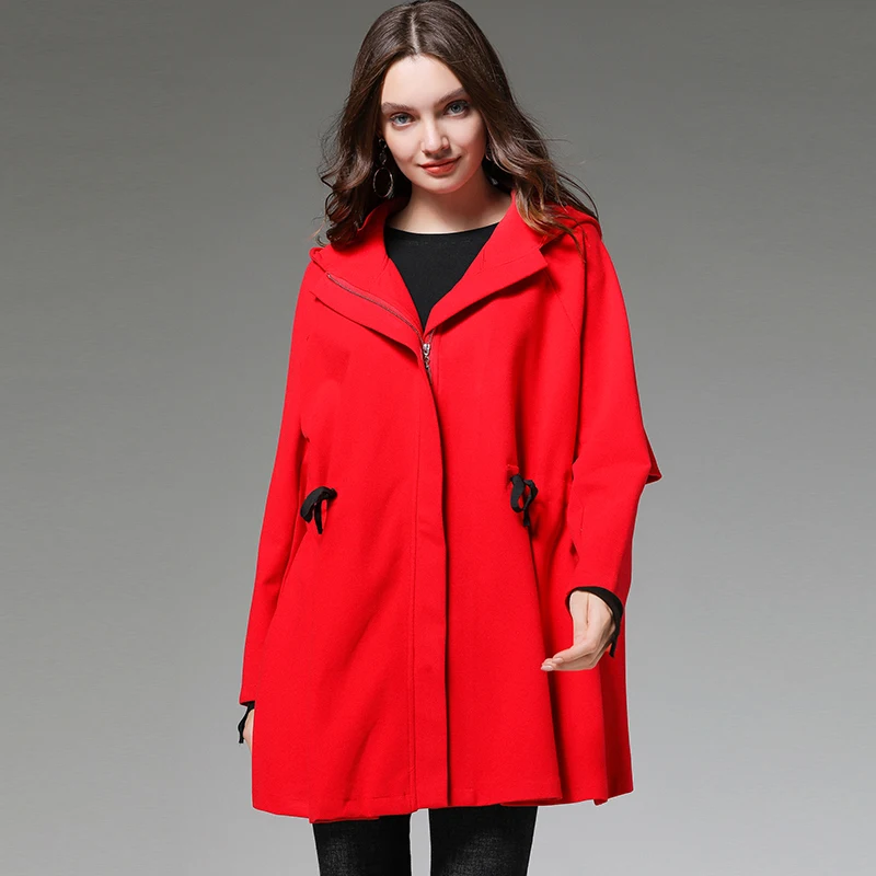 Plus size women clothing Autumn elegant thin trench coat female ruffled loose hooded windbreaker outwear casual outfit flare top | Женская