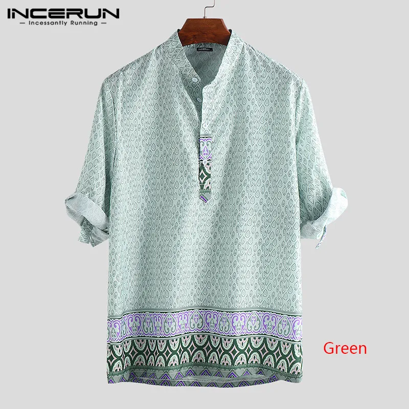 Green Shirt INCERUN Мужская богемная гавайская рубашка с принтом, свободные топы со стоячим воротником и коротким рукавом, Camisa, пляжные повседневные рубашки, мужские пуловеры 5XL - Цвет: Green Shirt