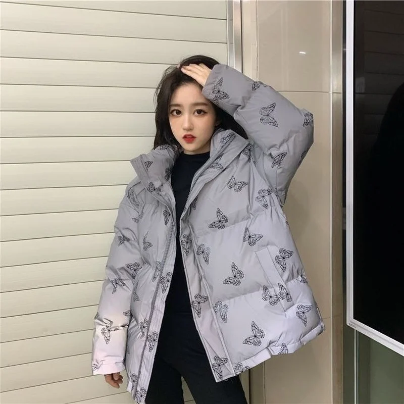 Winter Puffer Jacket Women Reflective Design Loose Thick Butterfly Print Korean Fashion 2021 Winter Clothes Women Bubble Coat