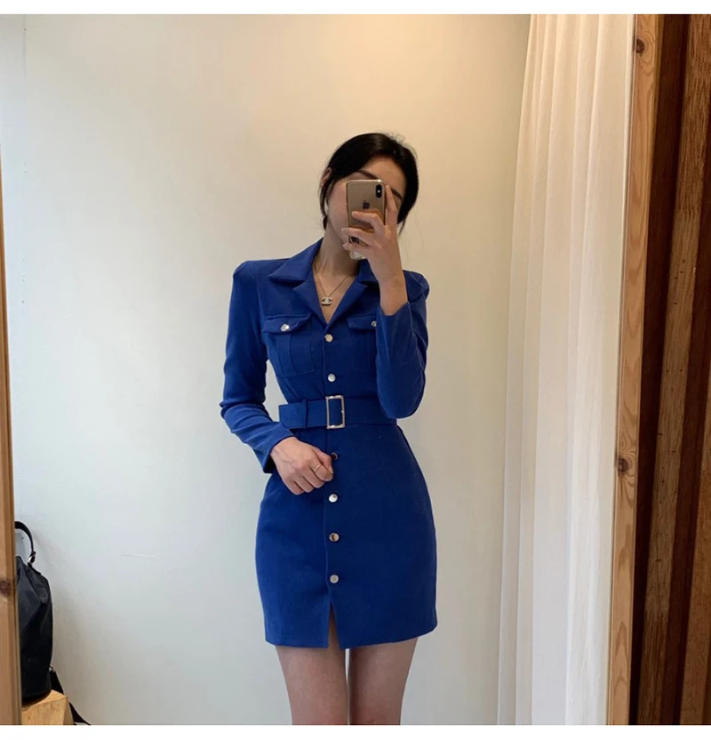 Trytree Autumn Winter Women Casual Dress Turn-down Collar Single Breasted Pockets Belt 5 Colour Slim fit Fashion Mini Dress