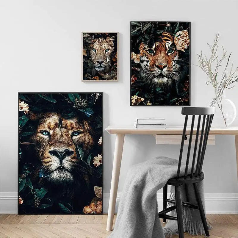 

Flower Animal Lion Tiger Deer Leopard Abstract Canvas Painting Wall Art Nordic Print Poster Decorative Picture Living Room Decor
