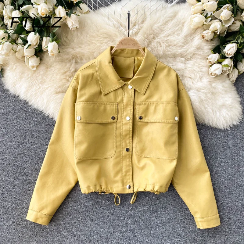 

Yellow Big Pocket Leather Jacket Women Fashion Single-breasted Drawstring Faux Leather Coat Ladies Casual Long Sleeve Outwear