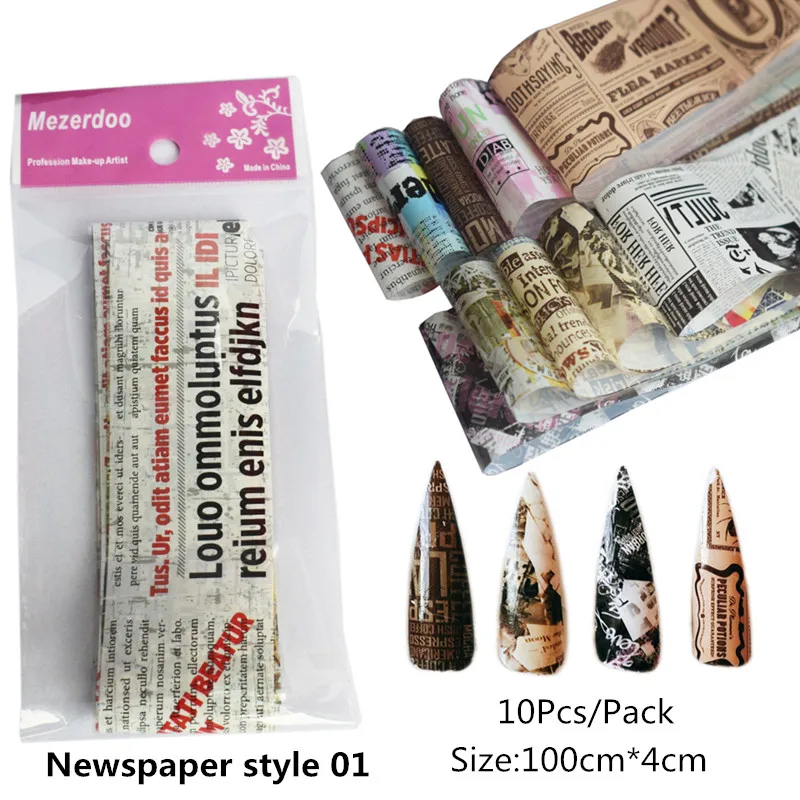 Newspaper style 01 8/10/16 шт инструментов для ногтей Фольга передачи комплект наклейка для ногтей Стикеры 4*100 см цветок газета новости смешанные нейл-арта украшения клей обертывания - Цвет: Newspaper style 01