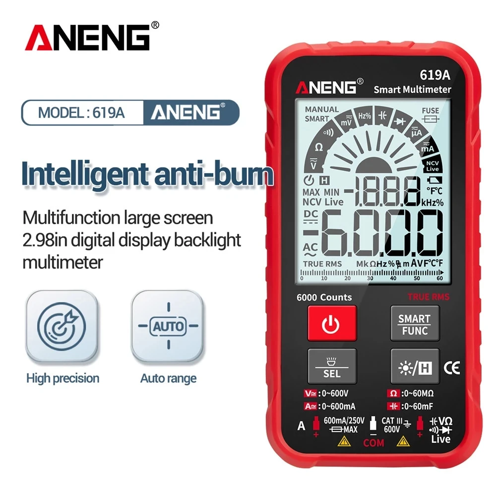 

Цифровой мультиметр ANENG 619A, тестеры напряжения переменного/постоянного тока, True RMS, 6000 отсчетов, профессиональный аналоговый измеритель нап...